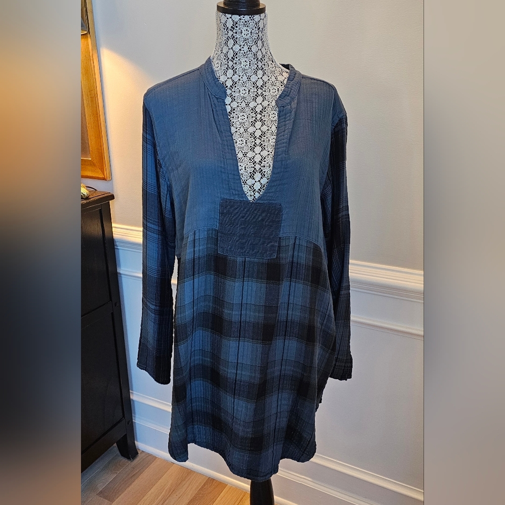 Free People CP Shades Gauze Cotton BLUE Plaid Tunic M, Runs Large P2P 23.5"
